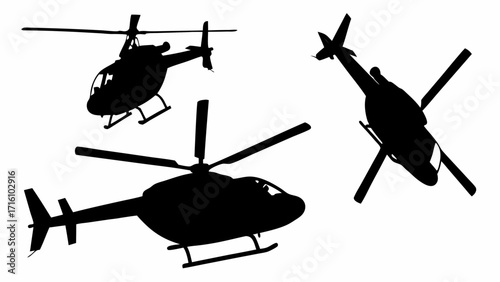 Three helicopters depicted in black silhouette against a white background in various flying positions