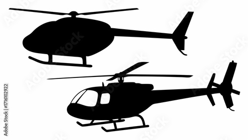 Two helicopter silhouettes in black and white showcasing different models and perspectives in simple design