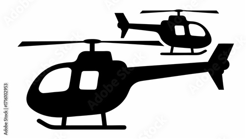 Two black helicopter silhouettes with visible rotors and windows on a white background design art