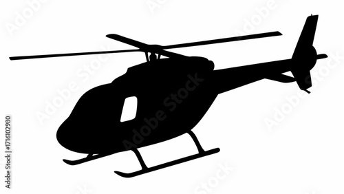 Silhouette of a helicopter with visible rotor blades and landing skids in a side view perspective image