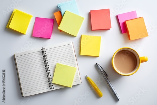 Vibrant sticky notes and open notebook with pens and coffee create a modern workspace for dynamic planning and creative brainstorming sessions.