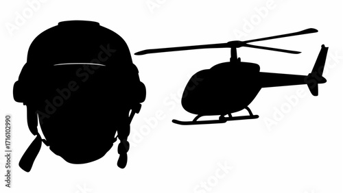 Silhouette of a pilot wearing a hat with earflaps next to a silhouette of a helicopter in black