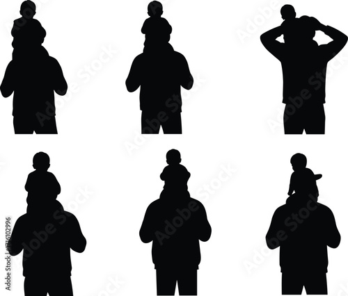 Parent silhouette, child on shoulders, family bond, parenting love, fatherhood, motherhood, childhood care, family relationship, parenthood art, baby care, nurturing bond, family illustration