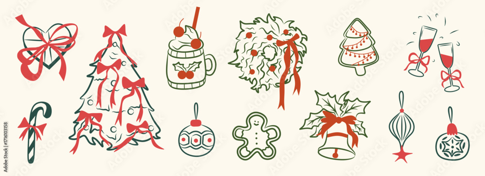 custom made wallpaper toronto digitalWhimsical Christmas doodle line art festive and holiday icon. Green, red, pink elements illustrations for sale, promotion, branding, labels, posters, cards, invitation, greeting card, social media.