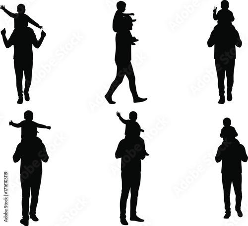 Parent silhouette, child on shoulders, family bond, parenting love, fatherhood, motherhood, childhood care, nurturing bond, parenthood art, baby care, family affection, family relationship