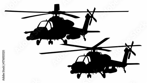 Two apache helicopters in silhouette against a white background showing military aviation and design elements