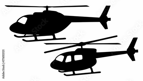 Two black helicopter silhouettes with rotors and landing skids on a white background aviation transport