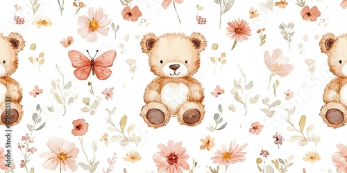 A seamless pattern with watercolor wildflowers and butterflies