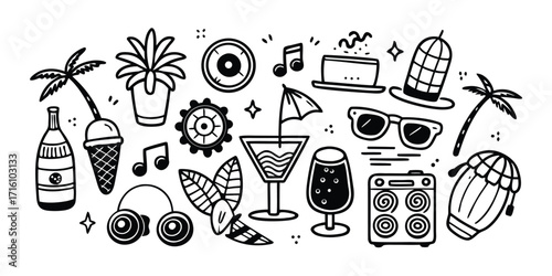 Summer party vibes sketch collection tropical drinks music sunglasses palm trees and more