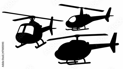 Three helicopter silhouettes with different designs and rotor positions against a white background plane view