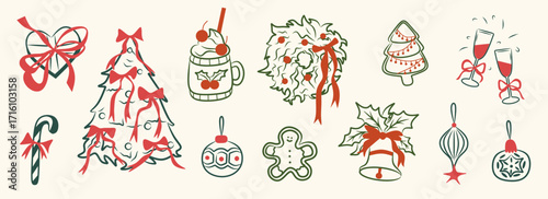 Whimsical Christmas doodle line art festive and holiday icon. Green, red, pink elements illustrations for sale, promotion, branding, labels, posters, cards, invitation, greeting card, social media.