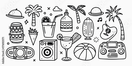 Hand-drawn summer beach party elements tropical vibes vacation fun music and drinks
