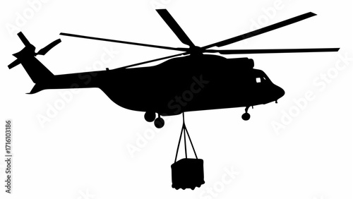 A silhouette of a helicopter carrying a box suspended below it with visible rotor blades and landing gear