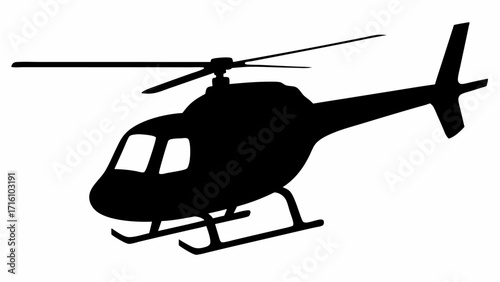 Silhouette depiction of a helicopter with visible rotor blades and landing skids against a white background