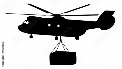 Helicopter silhouette carrying a box suspended by ropes against a white background in a simple illustration