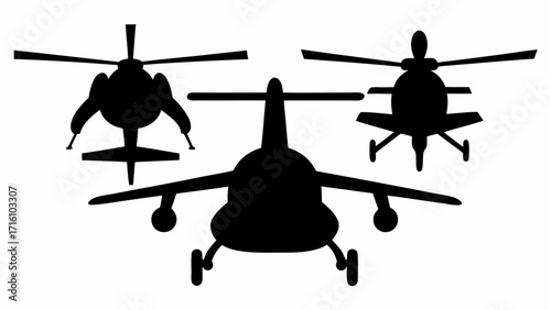 Three helicopters in silhouette showing different angles and rotor positions against a white background plane