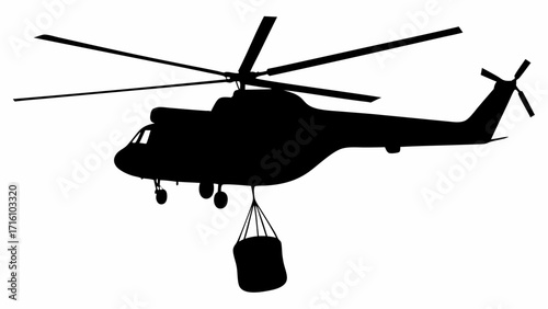 Silhouette of a helicopter with rotating blades carrying a large cylindrical object suspended below it