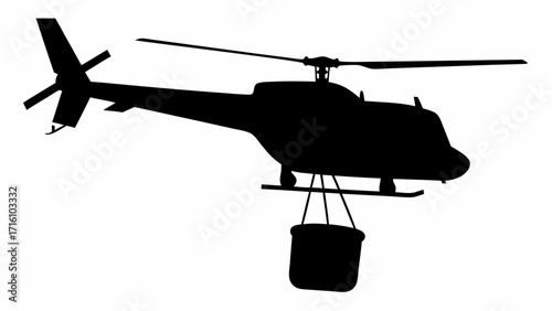 Silhouette of a helicopter carrying a bucket suspended by cables against a white background image view