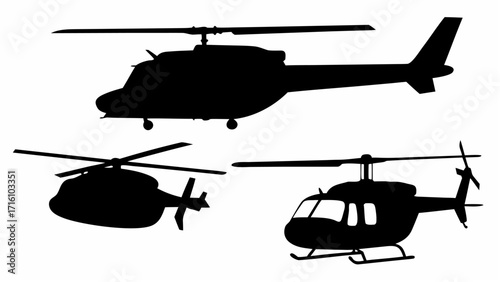 Silhouette illustration showcasing three helicopters in various orientations against a white backdrop