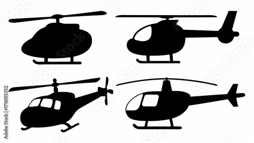 Four black silhouette illustrations of helicopters with rotors and landing gear on white background