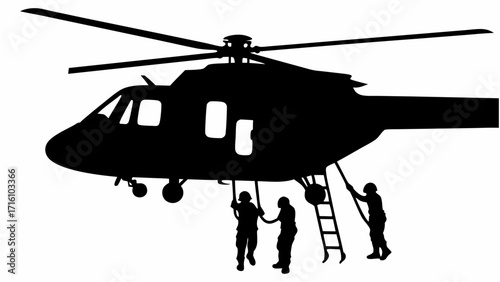 Silhouette of a helicopter with visible rotor blades and three people hanging from a ladder attached to it