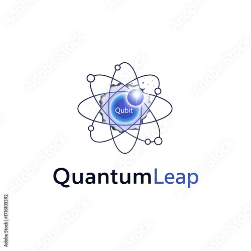 Abstract representation of quantum computing with an atom-like design and a glowing qubit at the center