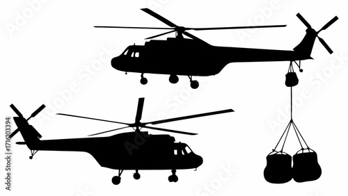 Two helicopters in silhouette one carrying cargo bags suspended by ropes against a white background view