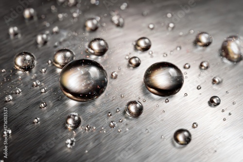 Water droplets on a metallic surface reflecting light creating a textured pattern.