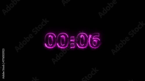 Countdown 6 second neon bright magenta color 4k illustration. black background 4k illustration.