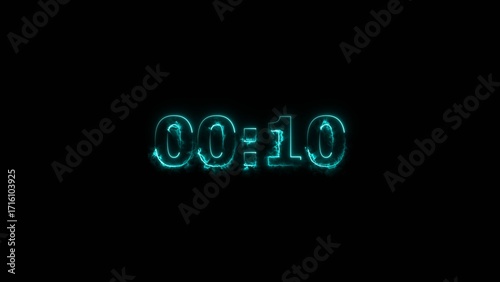Countdown 10 second neon bright cyan color 4k illustration. black background 4k illustration.
