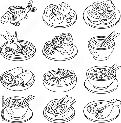 Vector Line Art of Asian Cuisine Dishes
