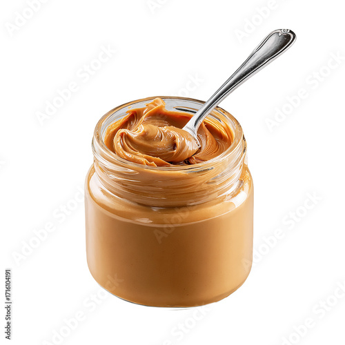 A jar of peanut butter with a spoon in it on a  isolated on transparent background