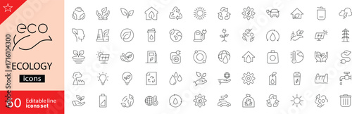 Ecology icons set. Includes symbols of nature, environment, sustainability, recycling, renewable energy, conservation, and eco-friendly concepts. Editable stroke. Vector illustration. Outline icons.