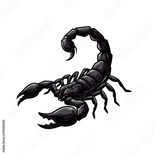 Black scorpion illustration with prominent claws and a curved tail, set against a plain background