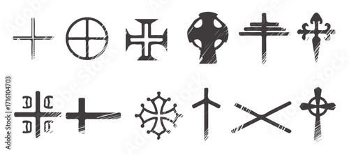 Cross icons. Vector design elements crosses and crucifixion religion symbols set