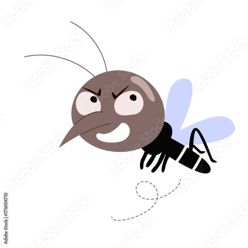 cartoon illustration showing a cute mosquito flying with suspicious look isolated on white background, symbolizing insects, pests, health risks and humor design concept