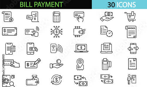 Bill Payment  icon set. Containing finance related icons bill, receipt, invoice, Editable stroke. Vector illustration transparent
