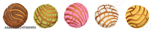 Concha Bread Collection in Different Flavors and Textures - Chocolate, Pistachio, Strawberry, Vanilla and Buttery Mexican Pan Delus Pastries Illustration