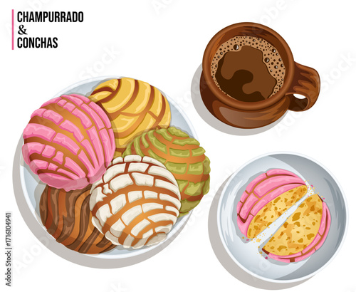 Mexican Pan Dulce Conchas with Champurrado Hot Chocolate Clay Mug Top View Illustration