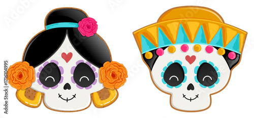 Sugar Skull Gingerbread Cookies with Flowers and Sombrero Icing - Dia De Los Muertos Biscuits Illustration