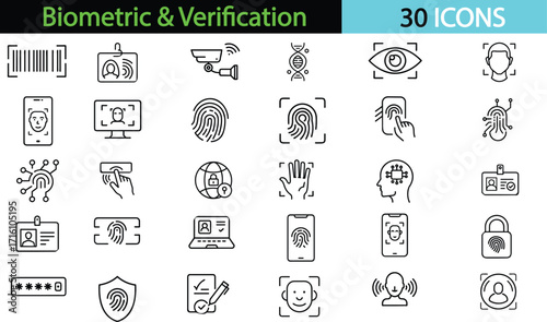 Biometric & Verification line editable icon set. Containing ID card, biometric, Fingerprint Check, Person Identification, Passport. Vector illustration transparent
