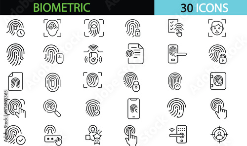 Biometric  icon set. Containing Security, authentication, detection, sensor, body analysis. Editable stroke. Vector illustration transparent
