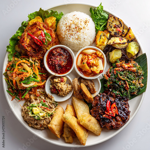 A beautifully arranged platter with a variety of colorful vegetarian dishes, showcasing the diversity and vibrancy of plant-based food during the Vegetarian Festival.