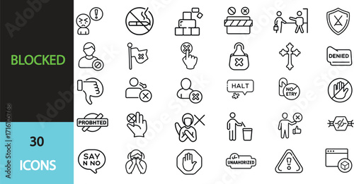 Blocked  icon set. Containing forbidden sign, prohibited, banned, error, refuse, close. Editable stroke. Vector illustration transparent