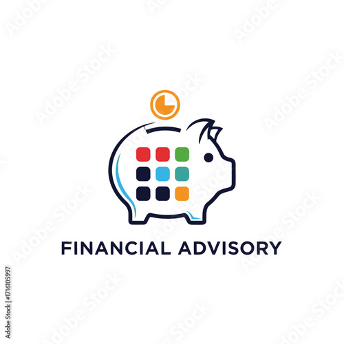 Colorful piggy bank icon representing financial advisory services with a clock symbol above it
