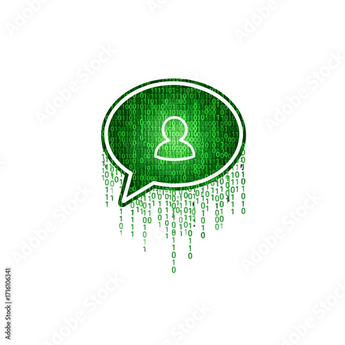 Digital communication symbol with binary code background representing online interaction and data flow