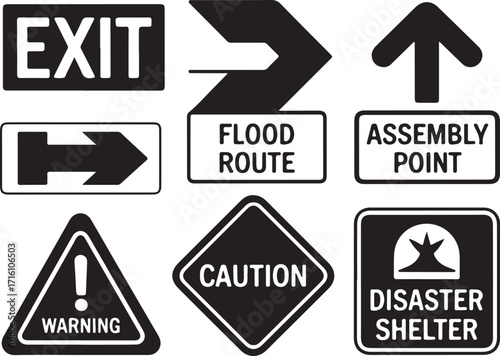 Safety signs guide evacuation, caution, and shelter locations