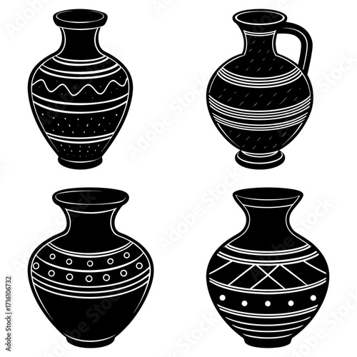 Illustration of four black vases with different decorative patterns and shapes on a white background