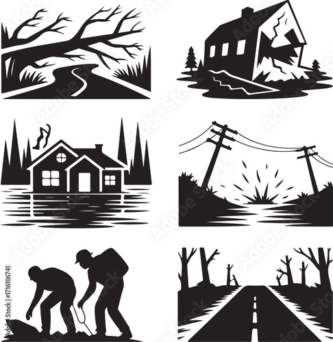 Disaster scenes: homes, roads, power lines, people aid