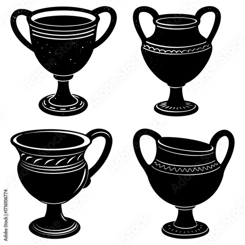 Illustration of four black antique vases with handles and decorative patterns on a white background art